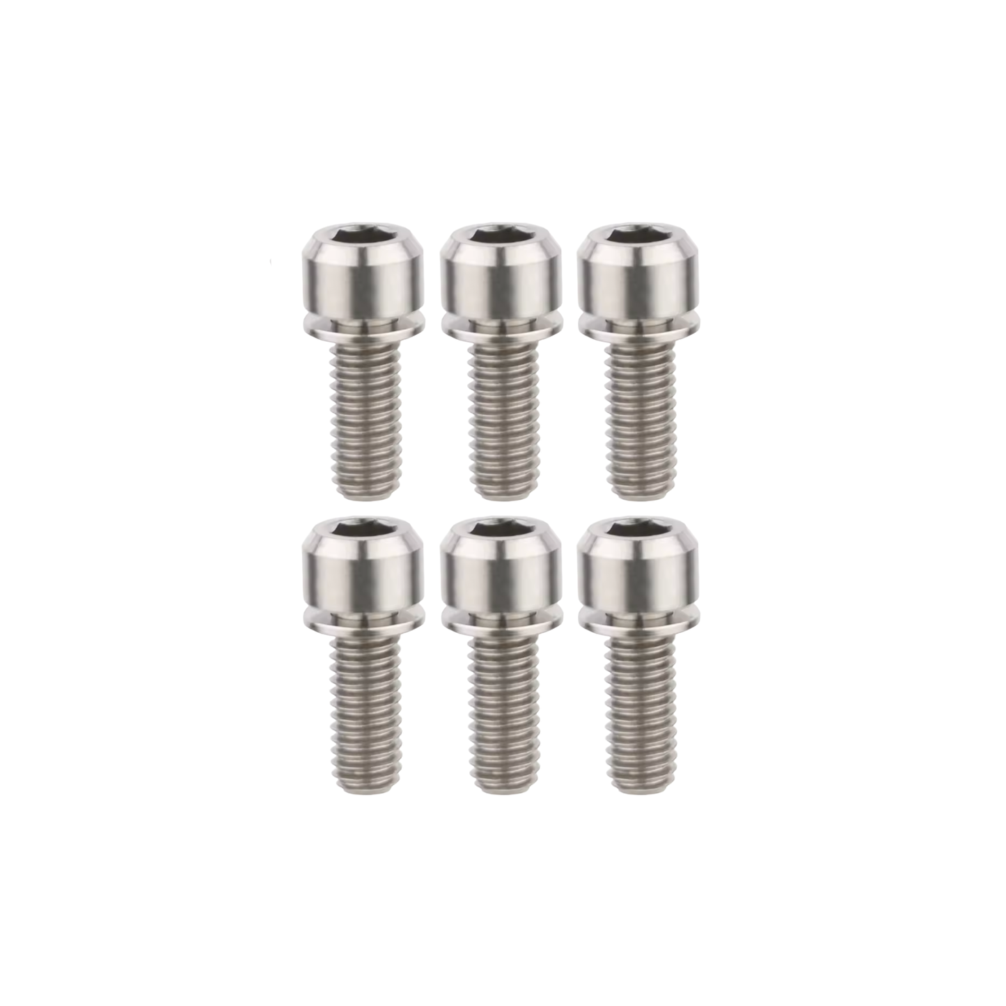Set of six silver metal screws on a white background