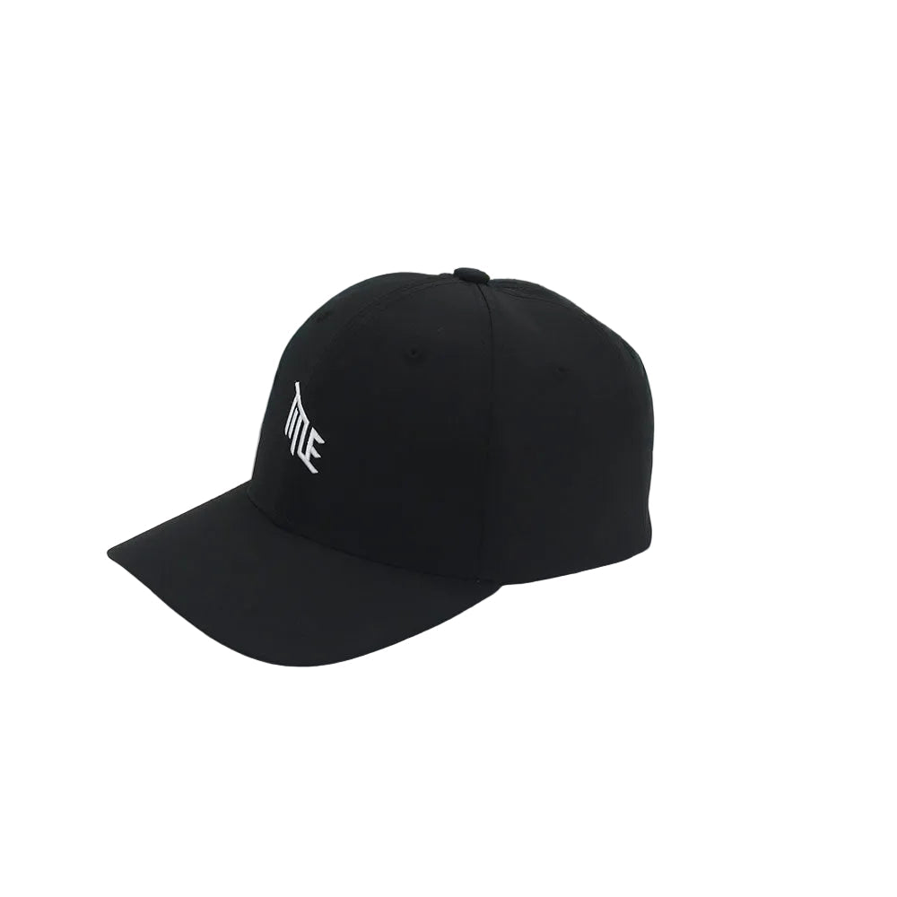 Black cap with white logo on a light gray background