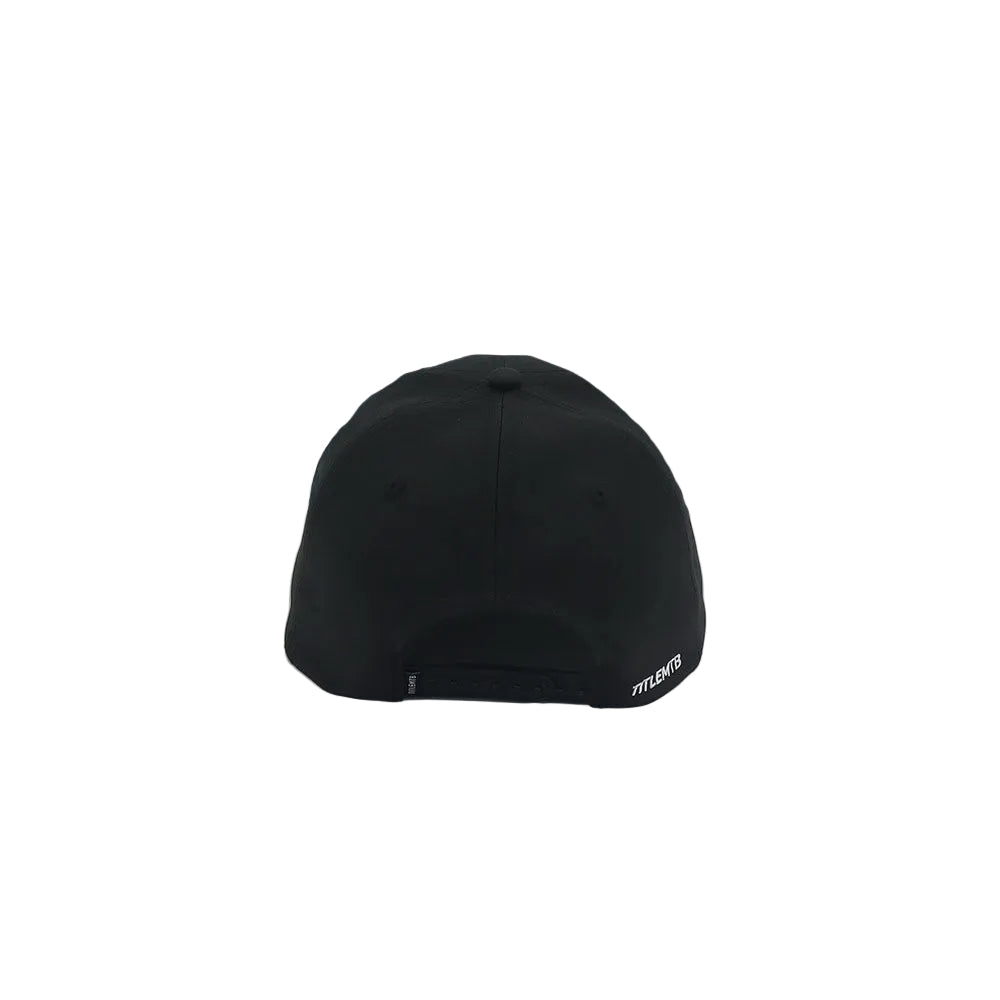 Black cap with a brand logo on a light gray background